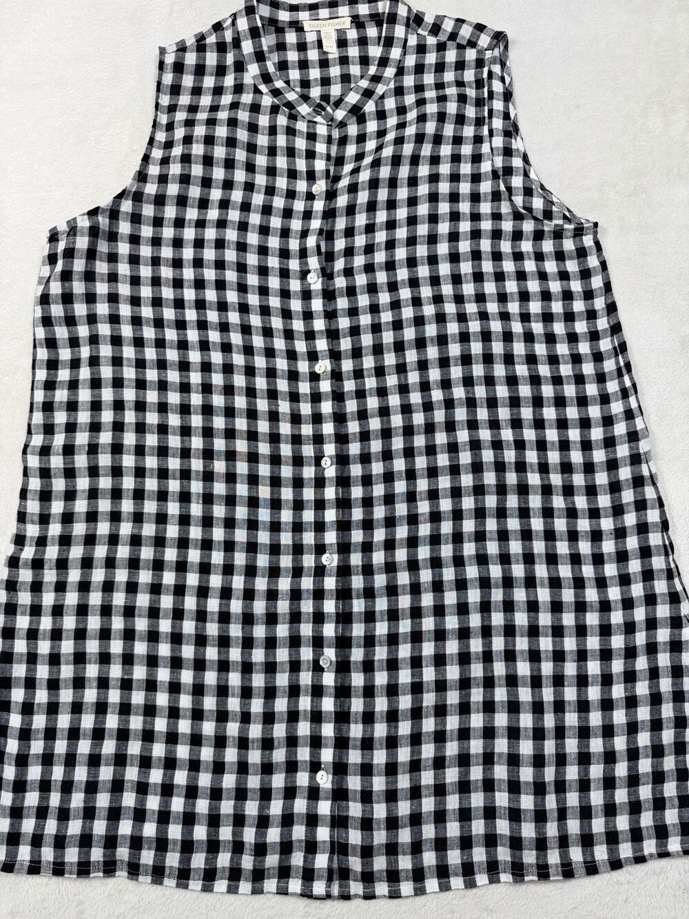 Eileen Fisher 100% Organic Linen Gingham Check Tunic Shirt Womens SZ M Coastal
